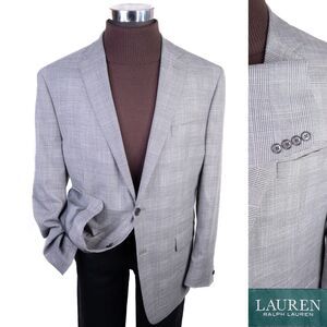 Ralph Lauren Mens Blazer Sz 46R Sport Coat Jacket Poly Blend 2-Button Plaid Gray